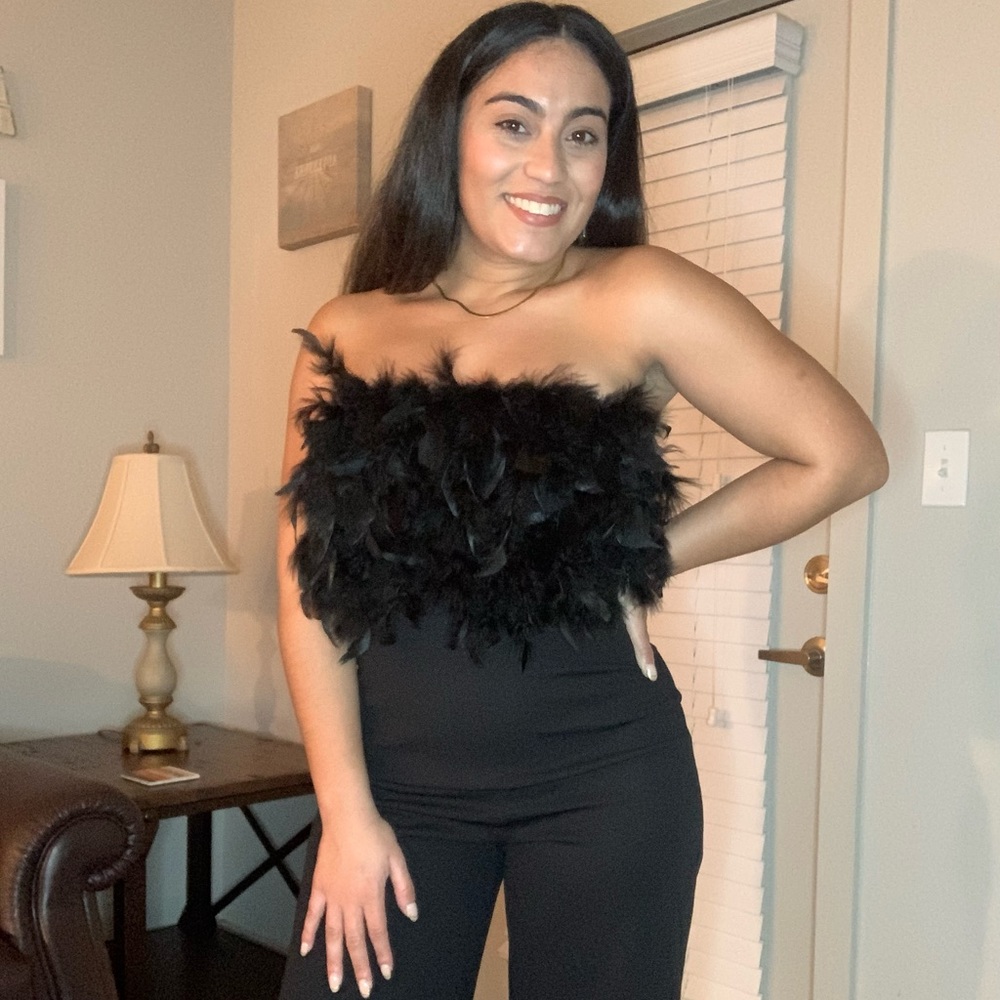 Black feathered jumpsuit - strapless